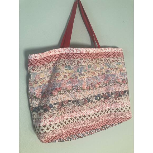 Handmade Vintage Quilted Patchwork Tote Bag Pink & Red Reversible Cottagecore - Picture 2 of 5